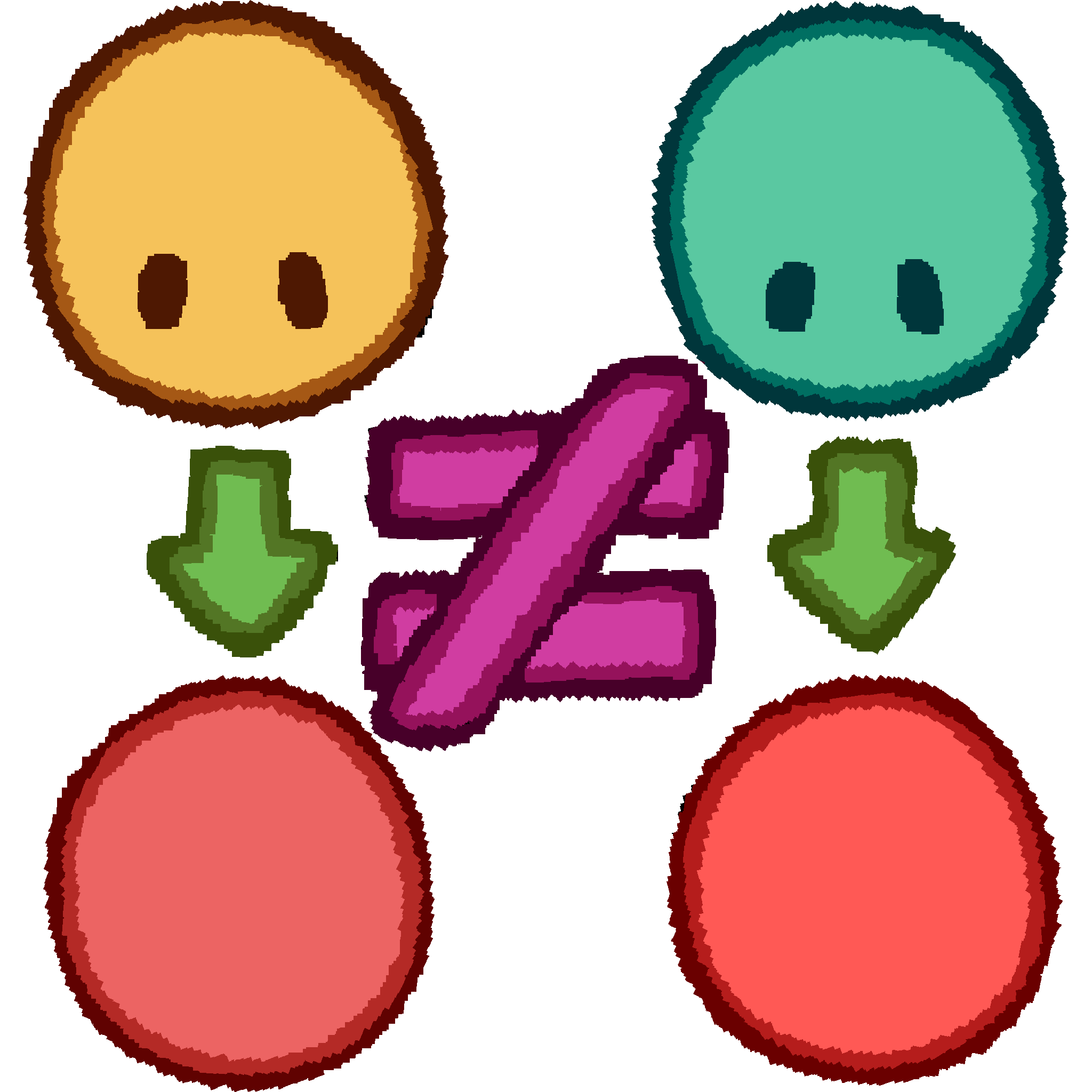 Two people's heads looking down at shades of red, both very slightly different shades from one another. Green arrows point down, signifying them looking at the red. In the middle, there is a pink does not equal sign.
